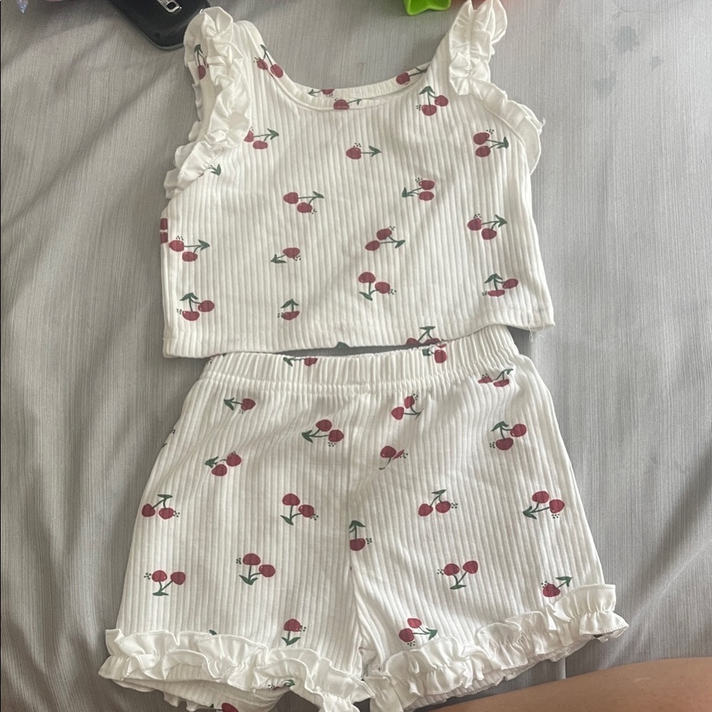 White Cherry Print Ruffle Trim Set